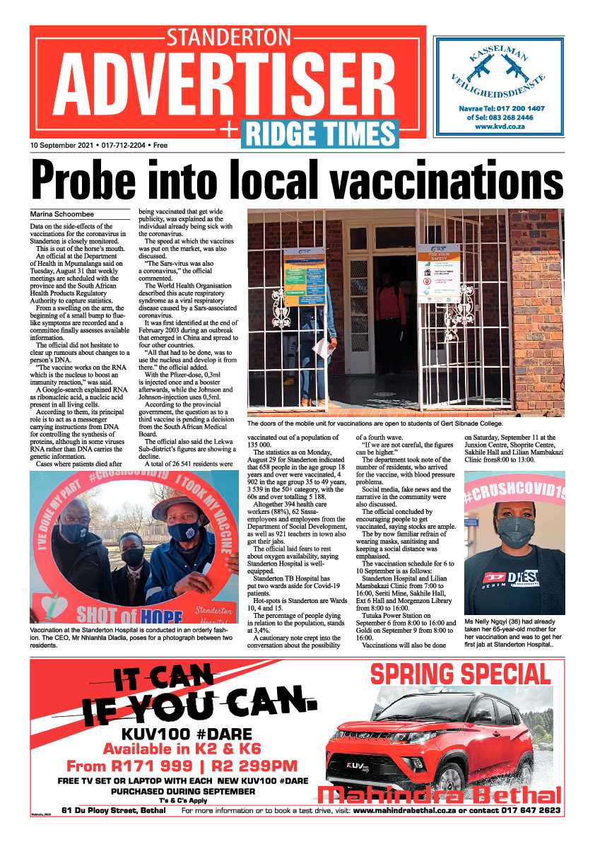 Standerton Advertiser 10 September 2021 page 1
