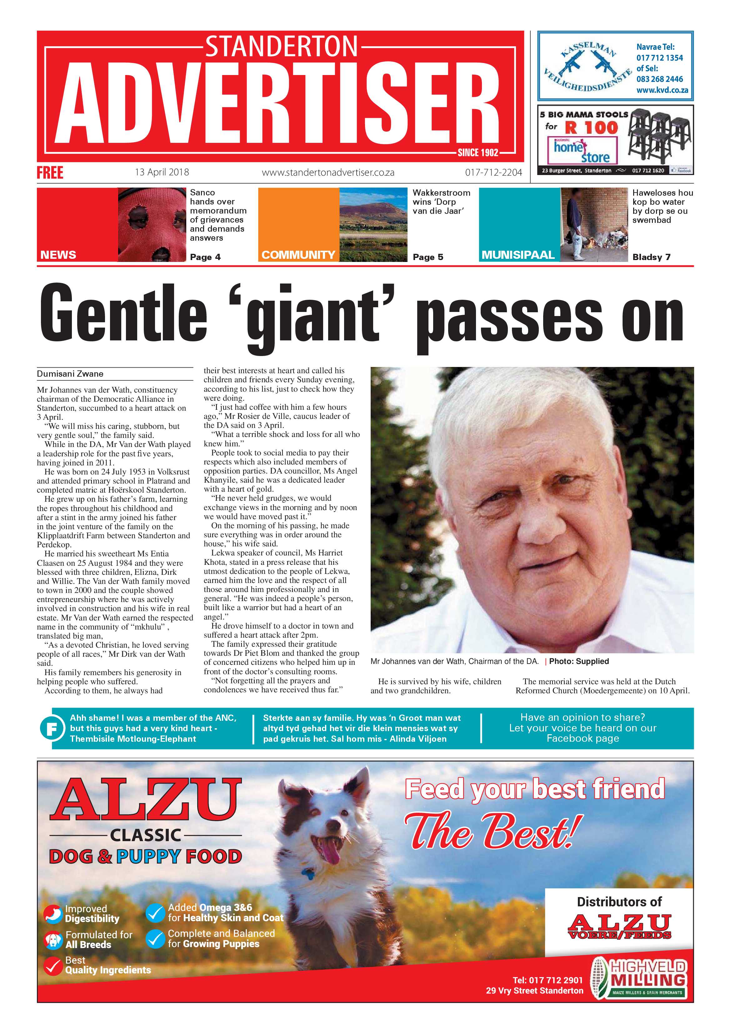 Standerton Advertiser 13 April 2018 page 1