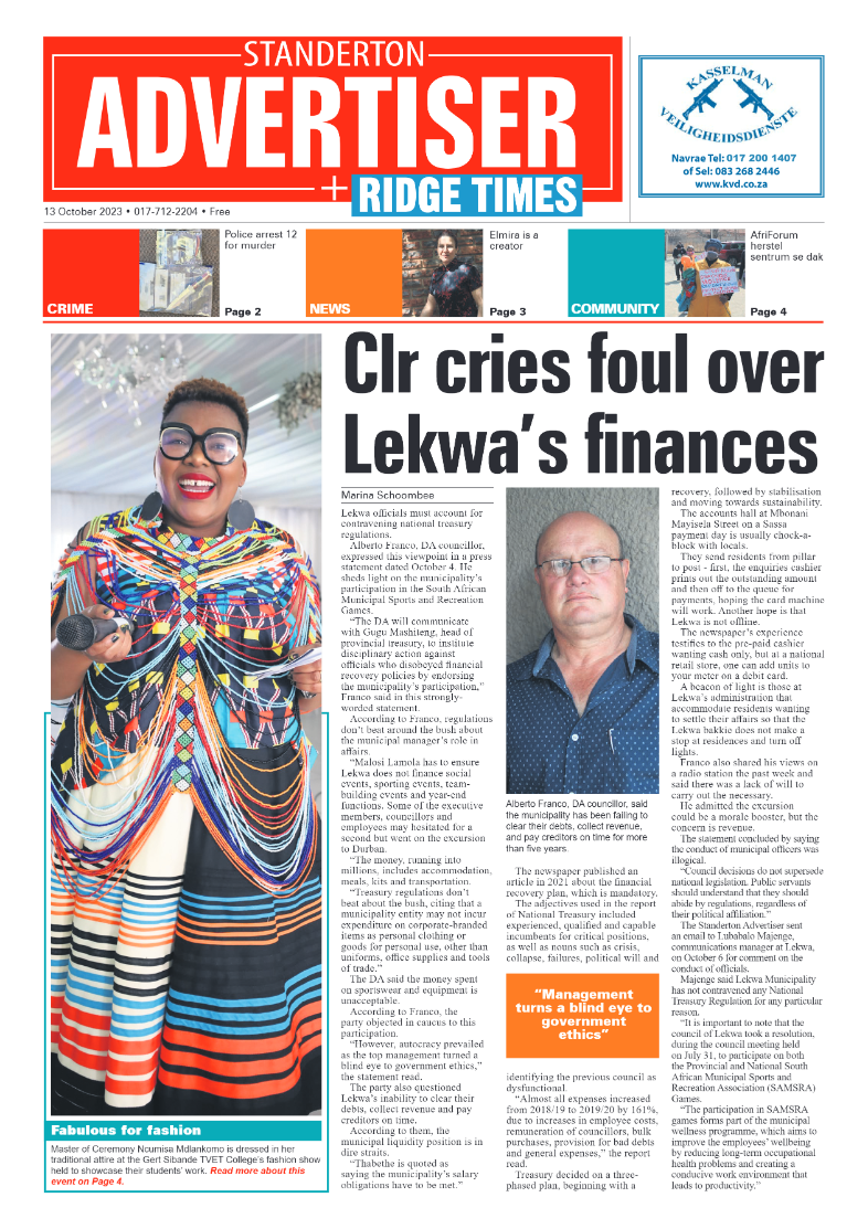Standerton Advertiser 13 October 2023 page 1