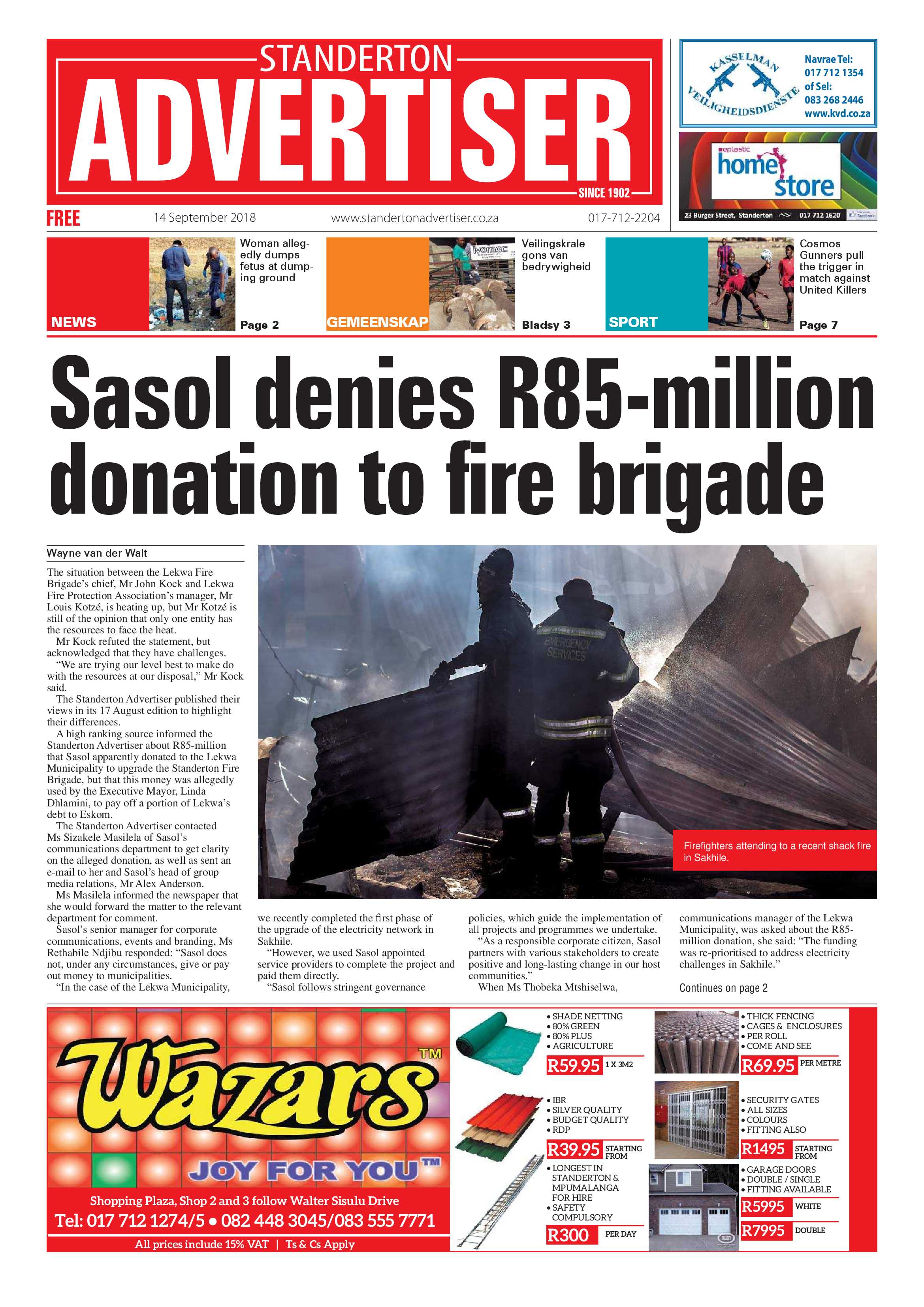 Standerton Advertiser 14 September 2018 page 1