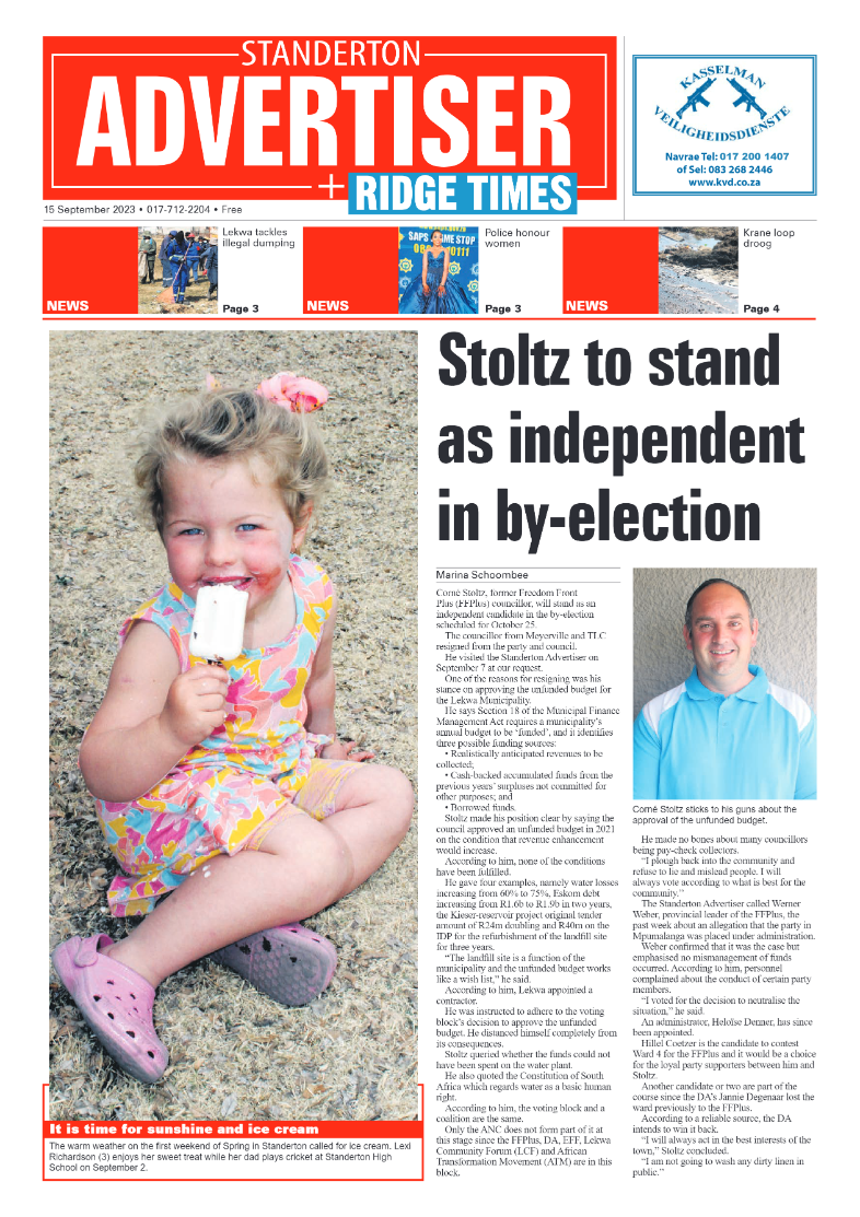 Standerton Advertiser 15 September 2023 page 1