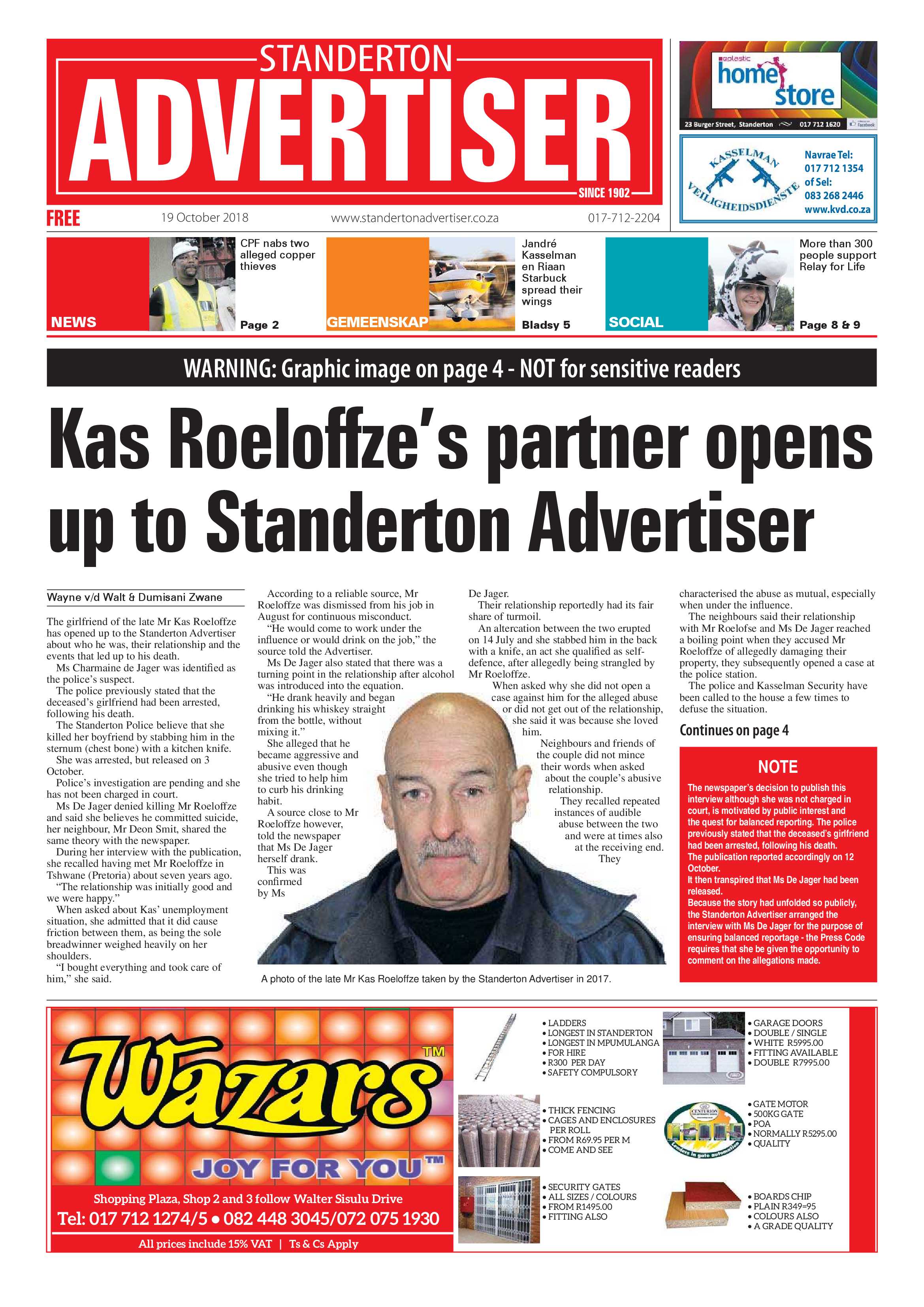 Standerton Advertiser 19 October 2018 page 1