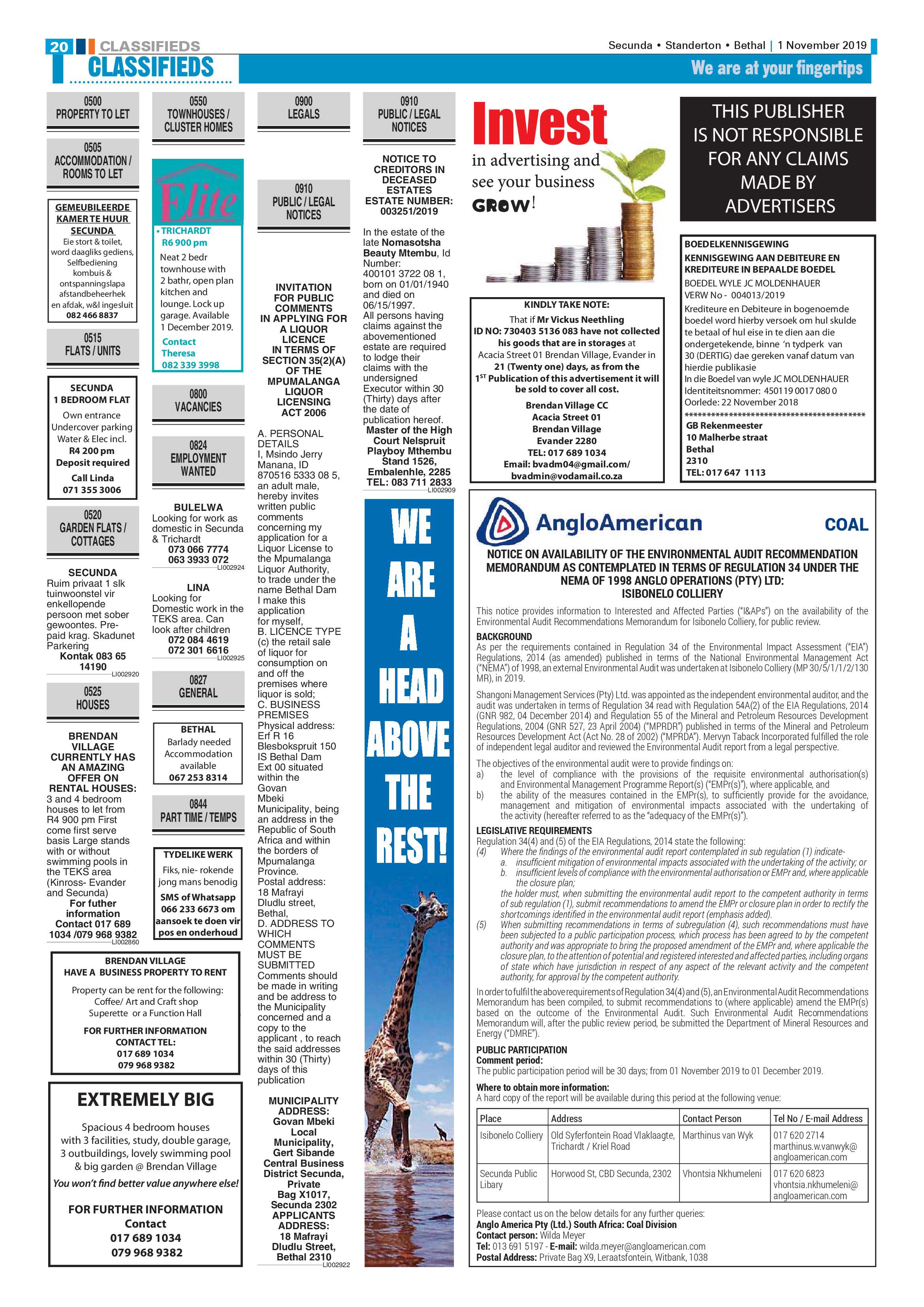 Standerton Advertiser 1 November 2019 page 20