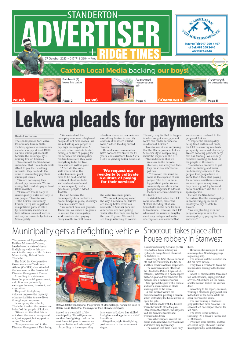 Standerton Advertiser 27 October 2023 page 1