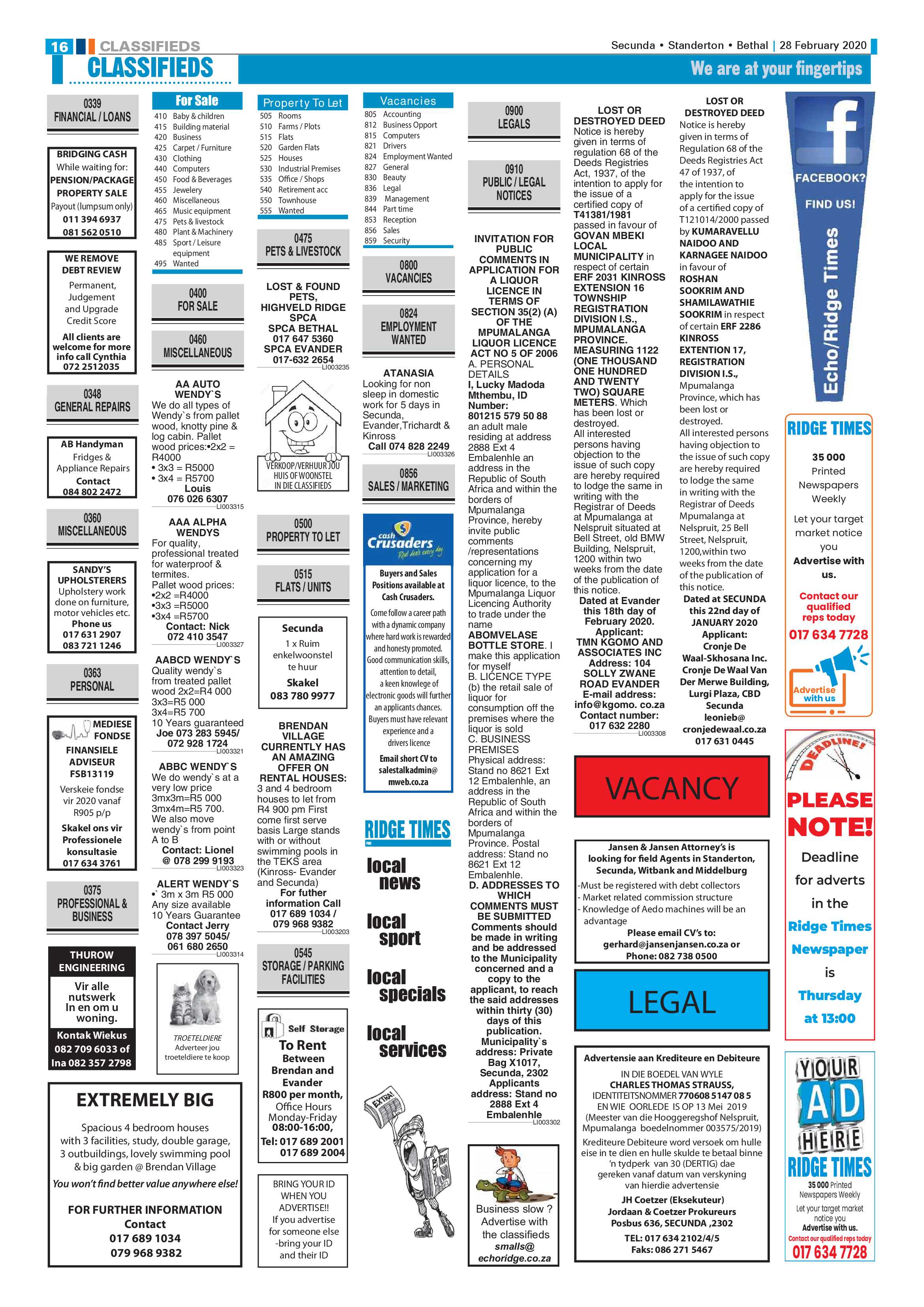 Standerton Advertiser 28 February 2020 page 16