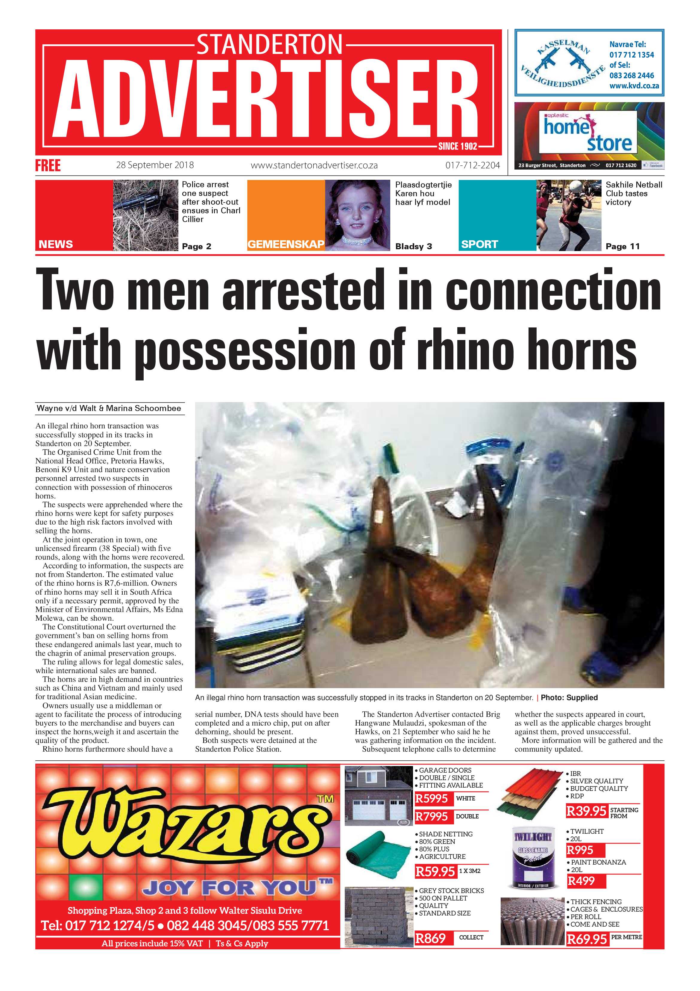 Standerton Advertiser 29 September 2018 page 1