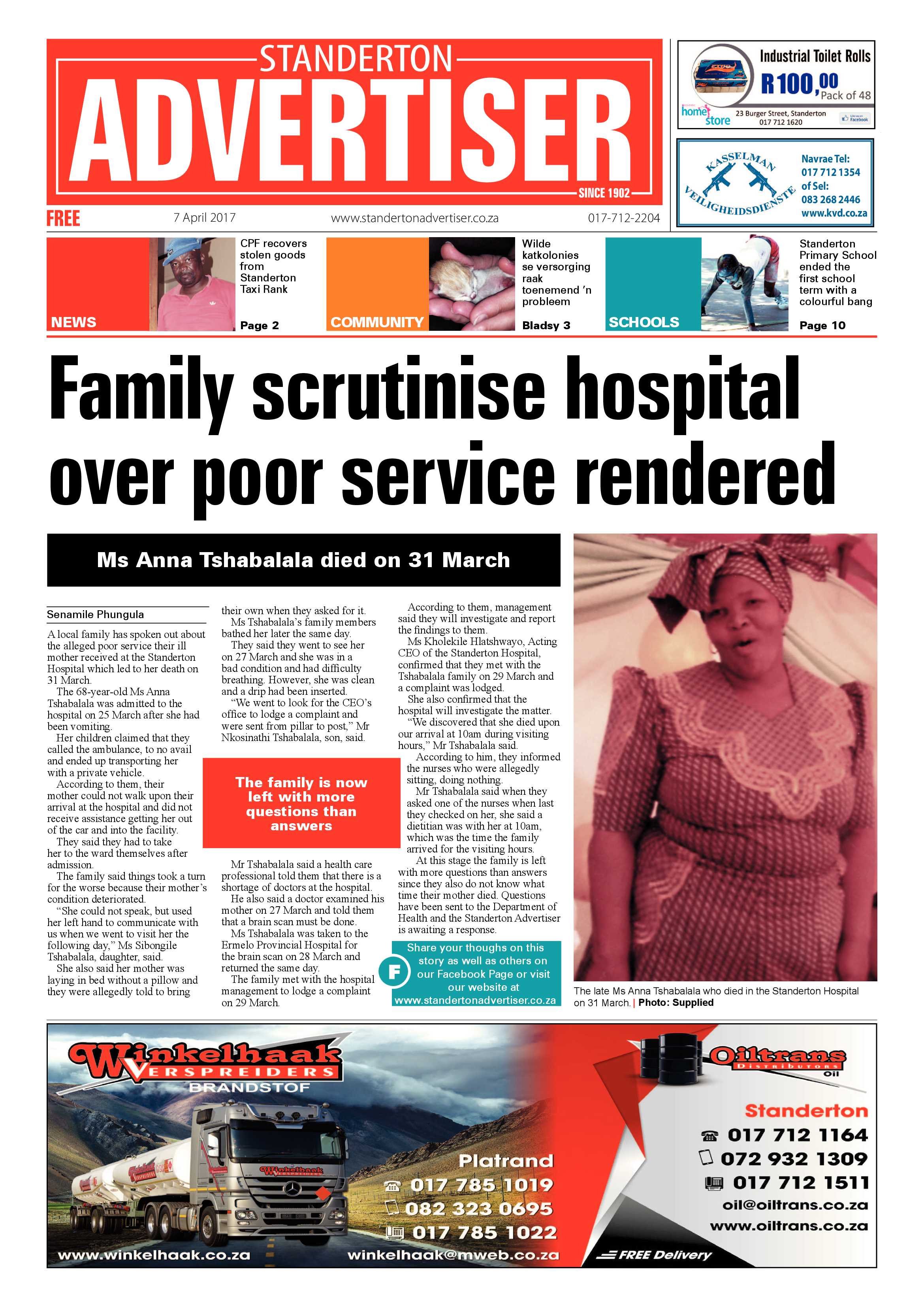 Standerton Advertiser 7 April 2017 page 1