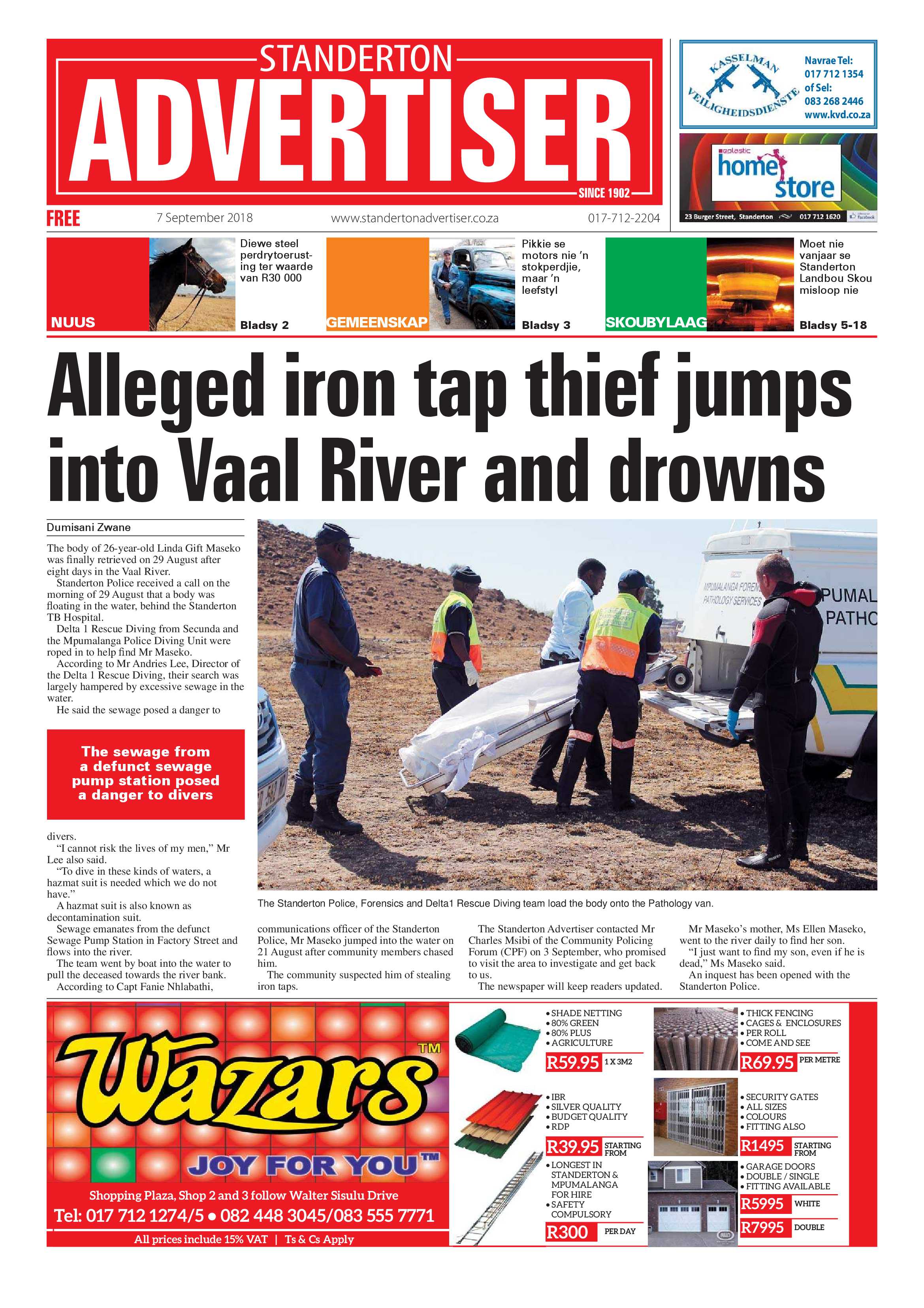 Standerton Advertiser and Standerton Landbou Skou supplement 7 September 2018 page 1